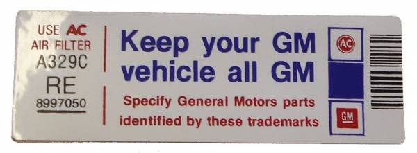 Rubber The Right Way - Air Cleaner Decal - "Keep your GM car all GM" - 403 Engine