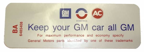 Rubber The Right Way - Air Cleaner Decal - "Keep your GM car all GM" - 350-2V
