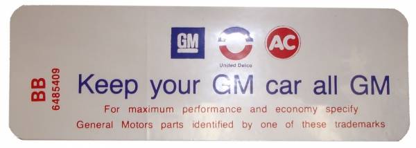 Rubber The Right Way - Air Cleaner Decal - "Keep your GM car all GM" - 350-4V