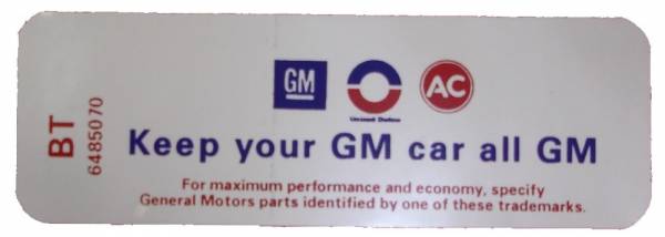 Rubber The Right Way - "Keep Your GM All GM" Air Cleaner Decal - Gran Sport 350/400 With Heavy Duty Filter