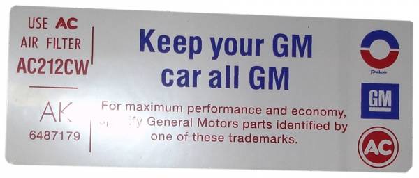 Rubber The Right Way - Air Cleaner Decal - "Keep your GM car all GM" - 455-4V Late Version