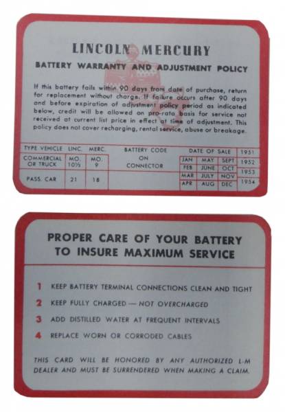 Rubber The Right Way - Lincoln / Mercury Battery Warranty Card