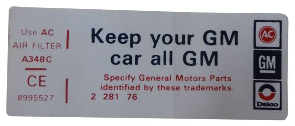Rubber The Right Way - "Keep Your GM Car All GM" Air Cleaner Decal
