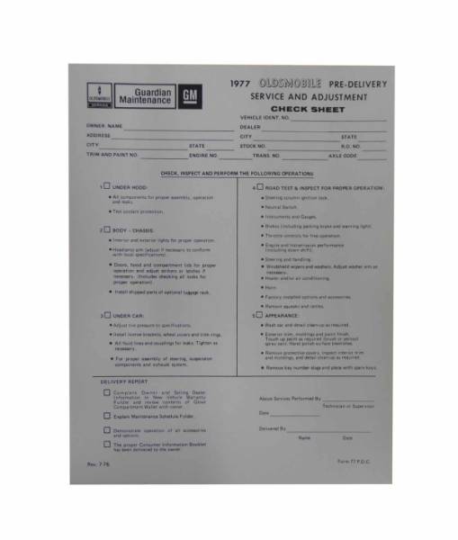 Rubber The Right Way - New Vehicle Pre-Delivery Sheet