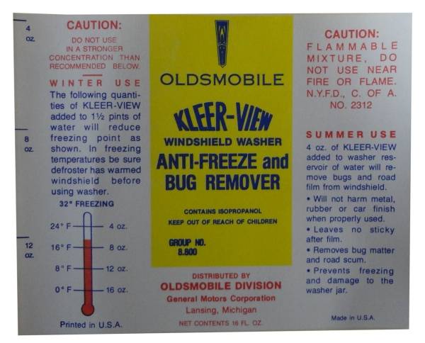 Rubber The Right Way - "Oldsmobile" Windshield Washer Bottle Label