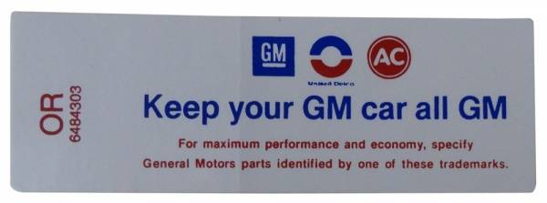 Rubber The Right Way - "Keep Your GM Car All GM" Air Cleaner Decal