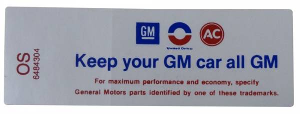 Rubber The Right Way - "Keep Your GM Car All GM" Air Cleaner Decal
