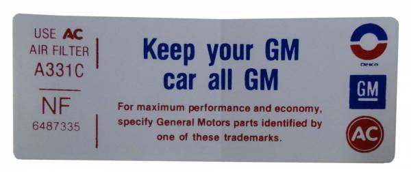 Rubber The Right Way - "Keep Your GM Car All GM" Air Cleaner Decal
