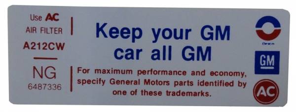Rubber The Right Way - "Keep Your GM Car All GM" Air Cleaner Decal