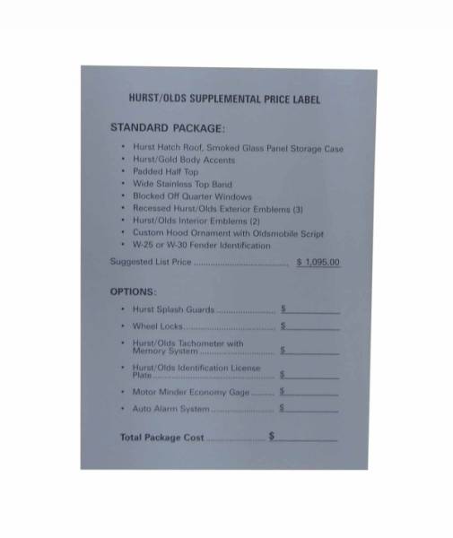 Rubber The Right Way - Hurst / Olds Supplemental New Car Price Sheet