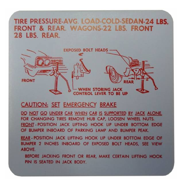 Jack Instructions Tire Pressure Decal