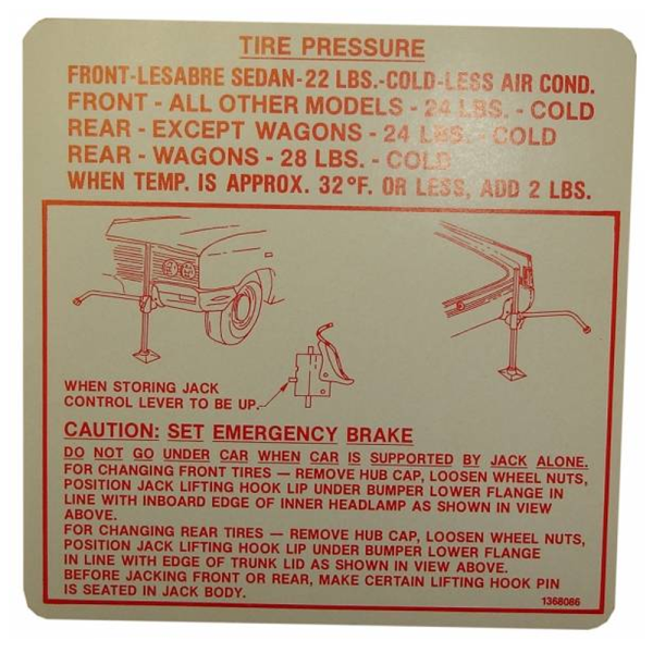 Jack Instructions Tire Pressure Decal
