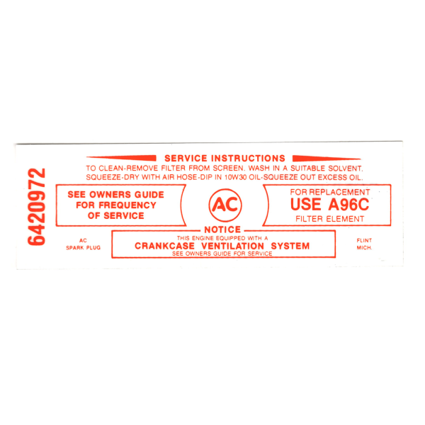 Pontiac Air Cleaner Instructions Decal