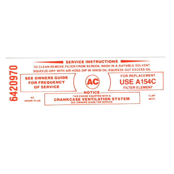 Pontiac Air Cleaner Service Instructions Decal