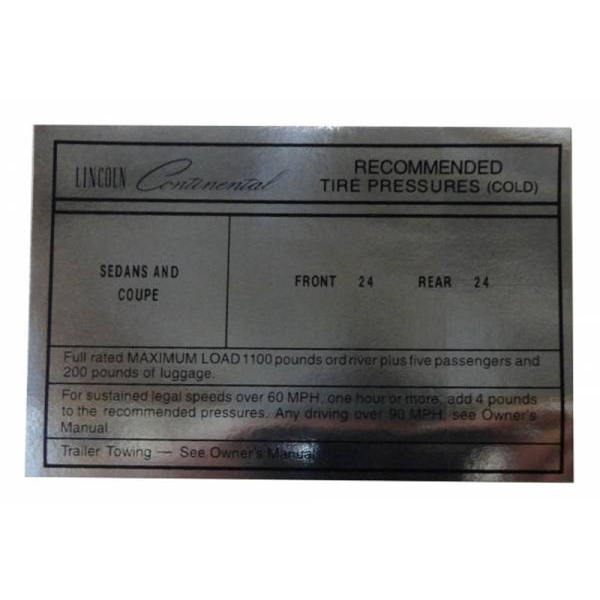 1966 Lincoln Continental Restoration Parts Tire Pressure Decal - Part #DL0021.