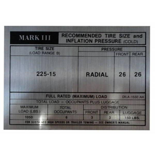 1971 Lincoln Mark III Restoration Parts Tire Pressure Decal - Part #DL0025