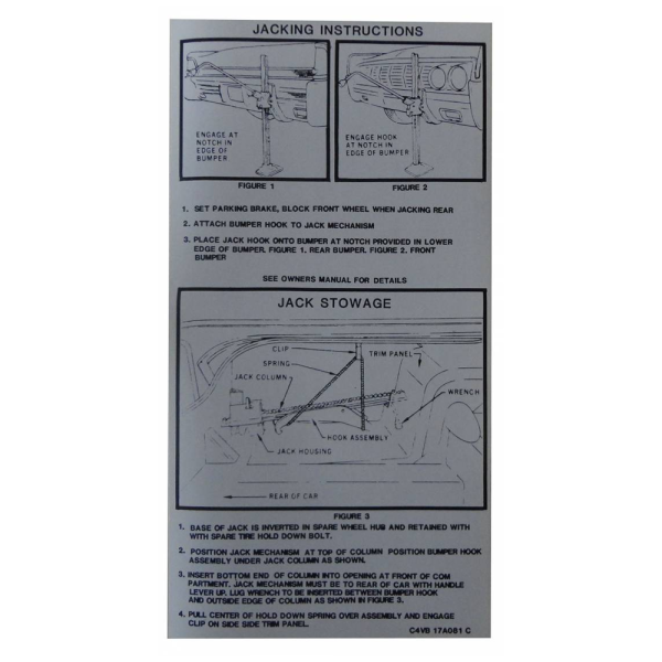 1965 Lincoln Continental Restoration Parts Jack Instructions Decal - Part #DL0028.