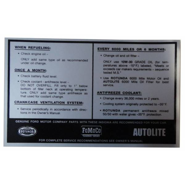1967-69 Lincoln Restoration Parts Service Specification Decal - Part #DL0035.