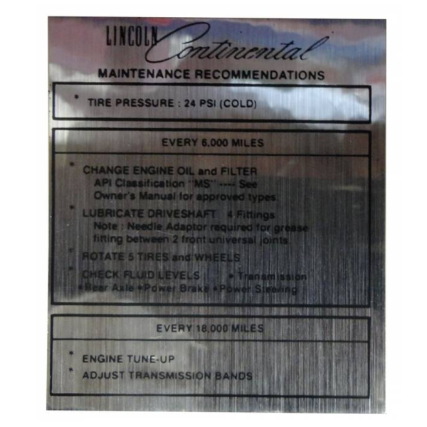1963 Lincoln Restoration Parts Tire Pressure Decal - DL0046.