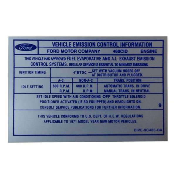 1971 Lincoln Continental Restoration Parts 460 Automatic Transmission Emission Decal - Part #DL0049