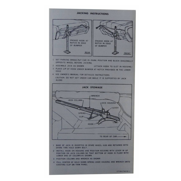 1966 Lincoln Continental Restoration Parts Jack Instructions Decal - DL0054