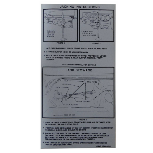 1964 Lincoln Continental Restoration Parts Jack Instructions Decal - DL0057