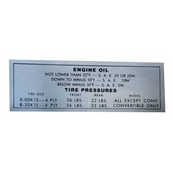 1952-53 Lincoln Continental Restoration Parts Tire Pressure & Oil Type Decal - DL0061