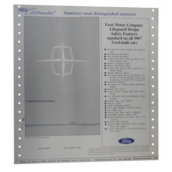 1967 Lincoln Restoration Parts New Car Window Price Sticker - DL0069.