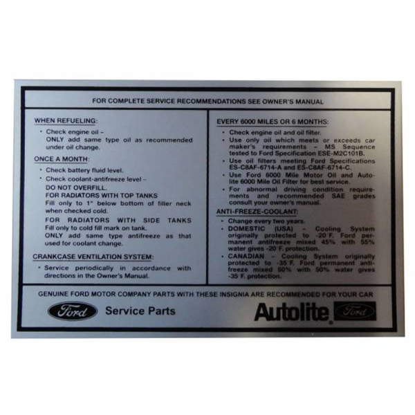 1970 Lincoln Restoration Parts Service Specification Decal - DL0070