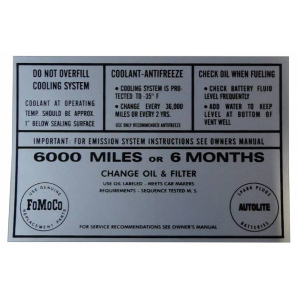 1964 Lincoln Restoration Parts Service Specification Decal - Part #DL0108