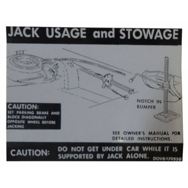 1970 Lincoln Continental Restoration Parts Jack Instruction Decal - Part #DL0125.