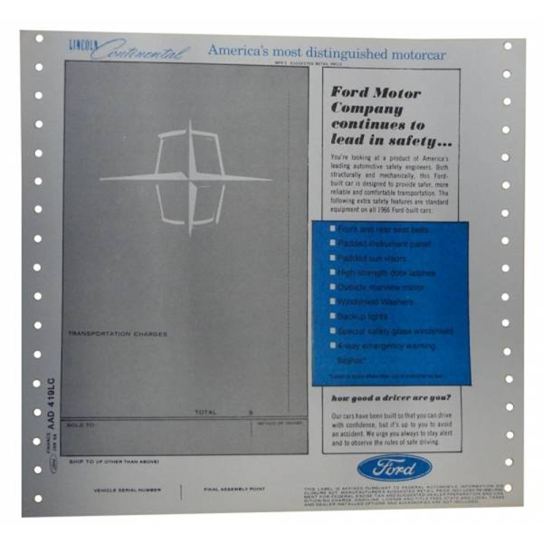1966 Lincoln Continental Restoration Parts New Car Window Price Sticker - Part #DL0126
