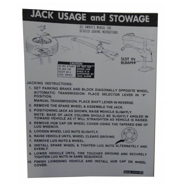 1974 Lincoln Restoration Parts Jack Instructions Decal - Part #DL0139.