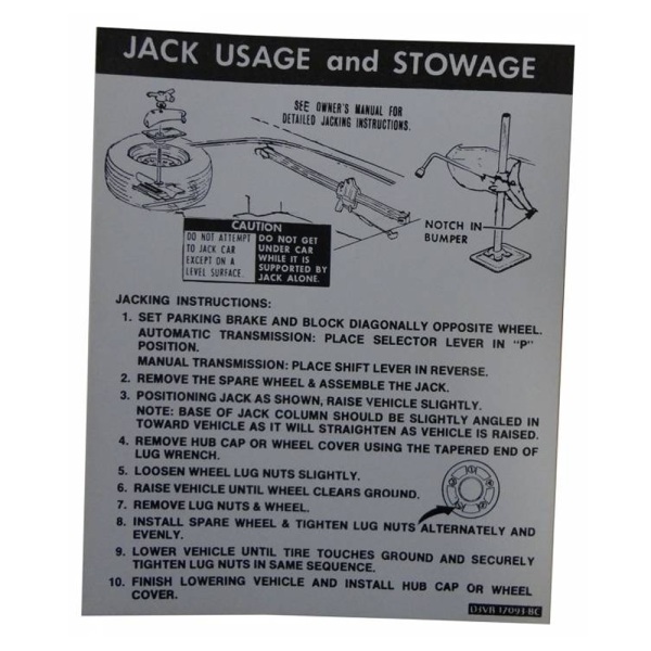 1973 Lincoln Restoration Parts Jack Instructions Decal - Part #DL0141