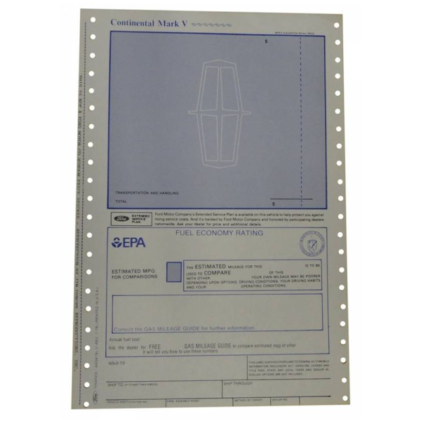 1979 Lincoln Restoration Parts New Car Window Price Sticker - DL0154