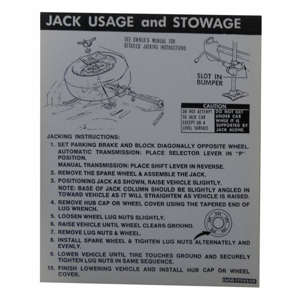 1974 Lincoln Restoration Parts Jack Instructions Decal - Part #DL0155