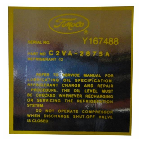 1962 Lincoln Restoration Parts AC Compressor Charge Decal - Part #DL0158.