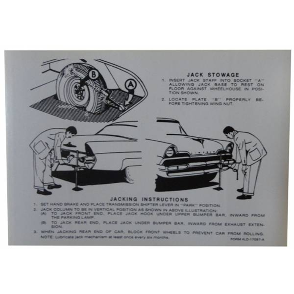 1960 Lincoln Restoration Parts Jack Instructions Decal - Part #DL0164.
