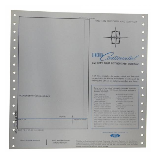 1966 Lincoln Restoration Parts New Car Window Price Sticker - Part #DL0165.