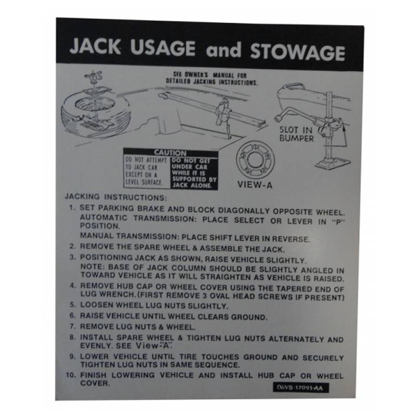 1976-77 Lincoln Restoration Parts Jack Instructions Decal - Part #DL0172.