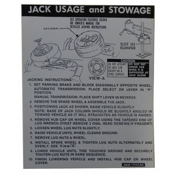 1977 Lincoln Restoration Parts Jack Instructions Decal - Part #DL0585