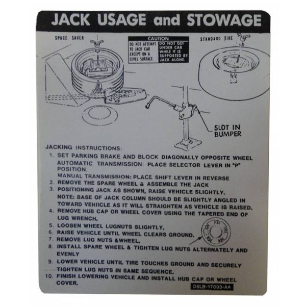 1978 Lincoln Restoration Parts Jack Instructions Decal - Part #DL0173.