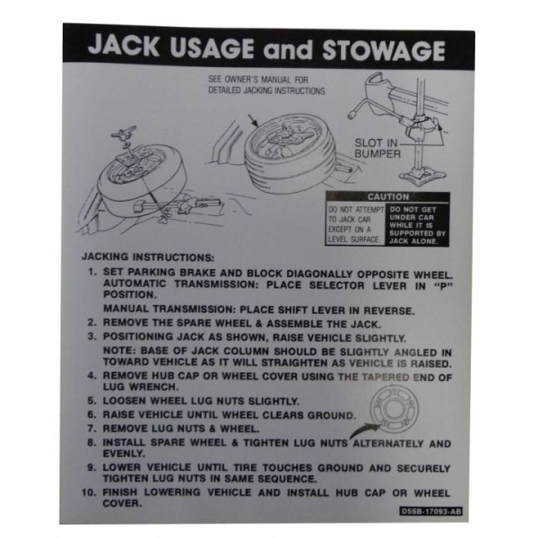 1975 Lincoln Restoration Parts Jack Instructions Decal - Part #DL0177.