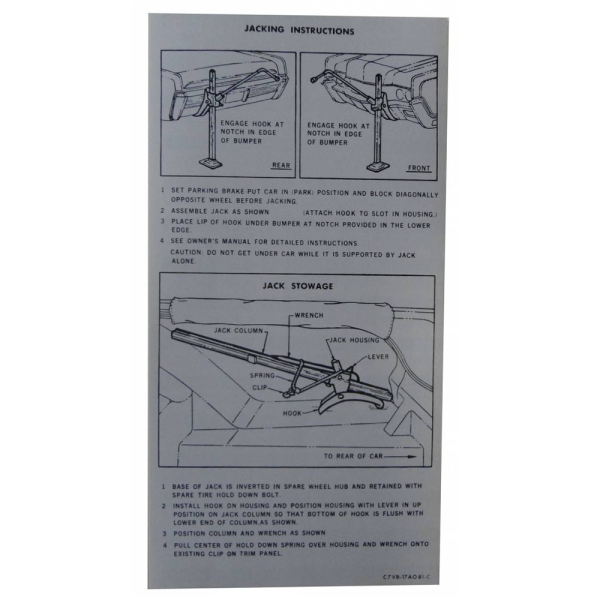 1967 Lincoln Restoration Parts Jack Instructions Decal - Part #DL0187