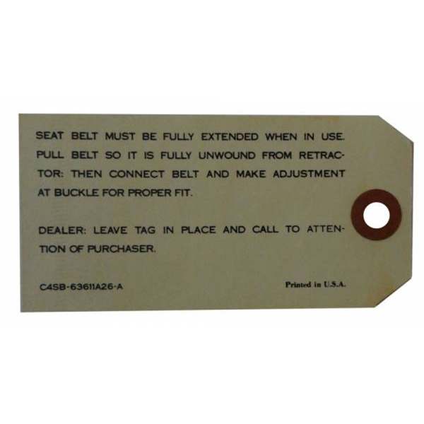 1964-67 Lincoln Restoration Parts Seat Belt Retractor Instructions Tag - DL0266.