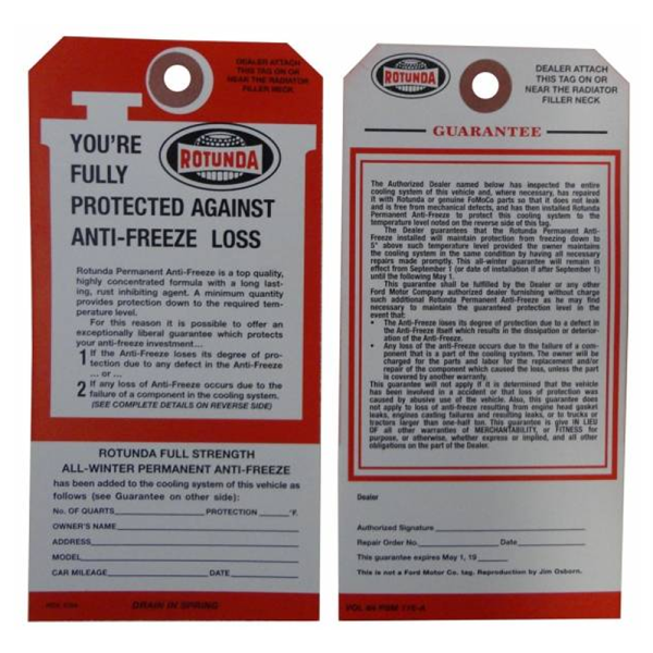 1964-70 Lincoln Restoration Parts Anti-Freeze Tag - DL0309.