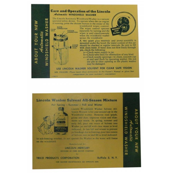 1949-56 Lincoln Restoration Parts Windshield Washer Instructions Sheet - DL0320.