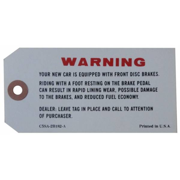 1965 Lincoln Restoration Disc Brake Warning Tag - DL0340