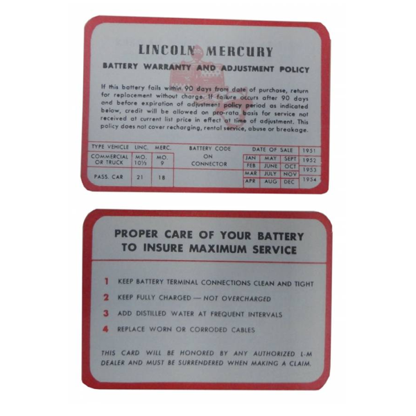 1951-53 Lincoln & Mercury Restoration Parts Battery Warranty Card - DL0351.