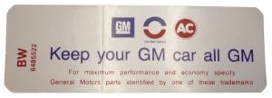 1970 - Decals - Rubber The Right Way - Air Cleaner Decal - "Keep your GM car all GM" - Riviera With 455-4V